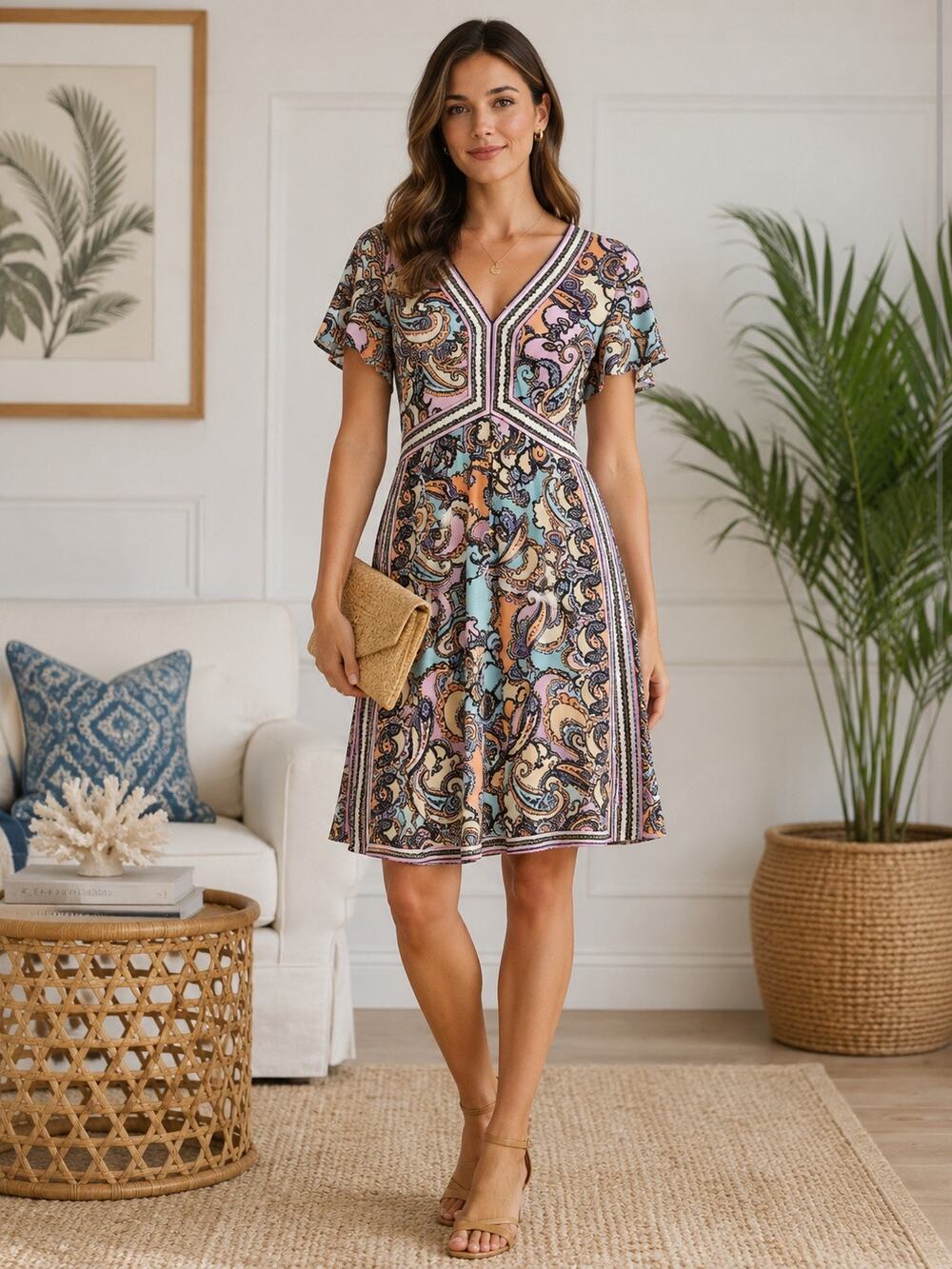 Hale Bob Paisley Fit & Flare Midi Dress Size Medium Boho V-Neck